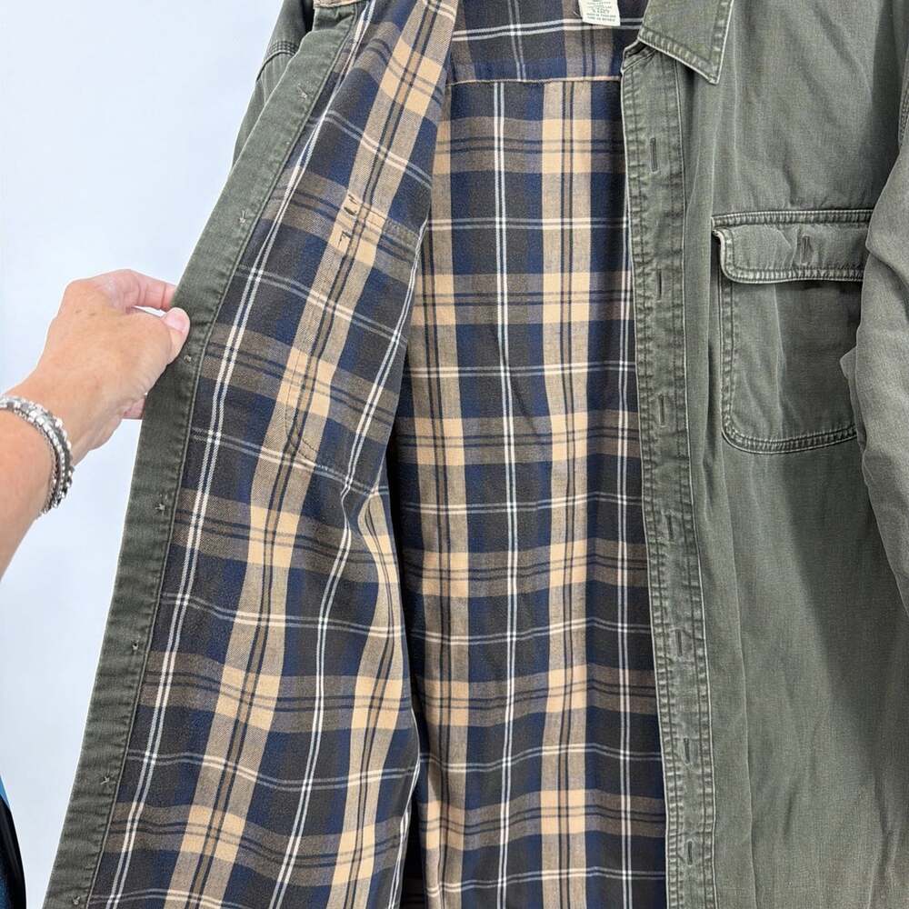 LL Bean Flannel Lined Canvas Shirt Jacket Mens Large L Olive Green Shacket Vtg - Picture 4 of 13